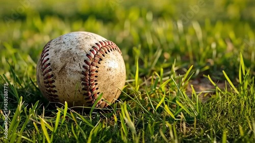 Wallpaper Mural Close-up of a worn baseball on a grassy field, bathed in soft light.camera moves back smoothly and slowly,  Sport outdoor scene. Torontodigital.ca