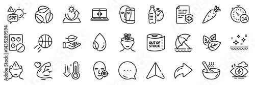 Strong arm, Stress and Mental health line icons pack. Share, Message, Paper plane icons. Medical tablet, Beach umbrella, Spf protection web icon. Vector