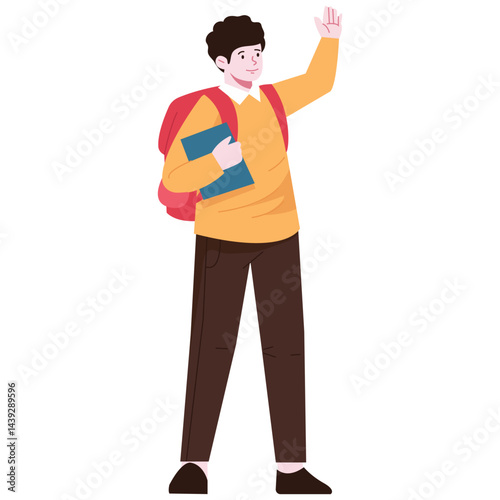 Boy student waving while holding a book and wearing a backpack, appearing friendly and excited.