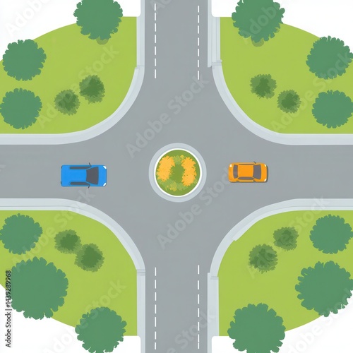 Four-way intersection with traffic circle