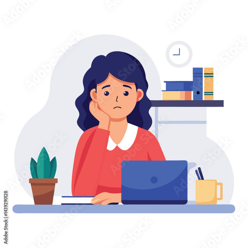 Bored woman sitting at desk. Tired sad office worker. Procrastination, burnout and boredom concept. Depressed upset exhausted lazy student. Flat vector illustration isolated on white background