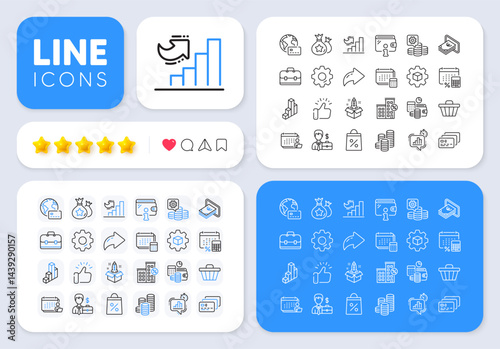 Startup, Accounting and Cash line icons for web app. Message, Share, Like social media icons. Pack of Product development, Making money, Annual tax pictogram icons. Vector
