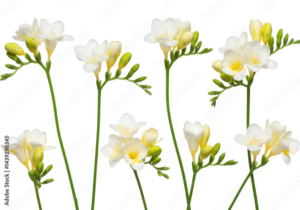 A collection of white freesia flowers with green stems isolated against a white background image view