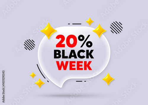 Black week chat speech bubble. Social media concept. Black week 20 percent sale. Special discount sign. Black friday offer symbol. 3d sparkles chat bubble. Vector