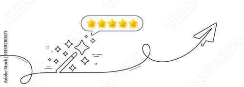 Magic wand line icon. Continuous line with share plane. Magician stick sign. Wizard tool with star symbol. Five star rate review in speech bubble. Magic wand single line ribbon. Vector