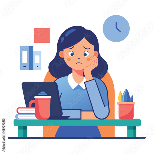 Bored woman sitting at desk. Tired sad office worker. Procrastination, burnout and boredom concept. Depressed upset exhausted lazy student. Flat vector illustration isolated on white background