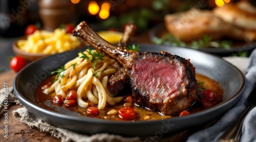 Delicious Roasted Lamb Chops with Creamy Pasta and Cherry Sauce