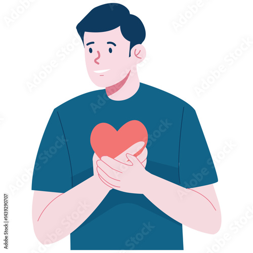 Self Care Illustration. Vector illustration of A man smiling warmly while holding a heart shape close to his chest, symbolizing kindness and compassion. Isolated on background