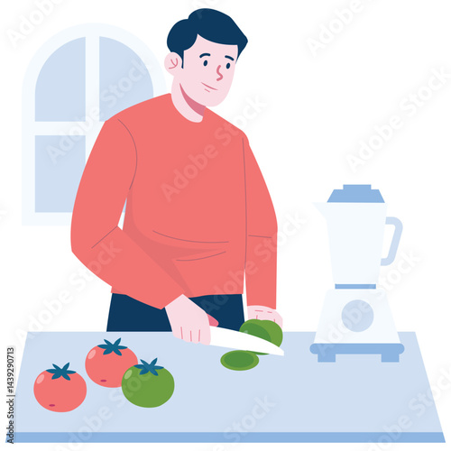 A man cutting fresh vegetables and preparing a smoothie in the kitchen, promoting healthy eating habits.