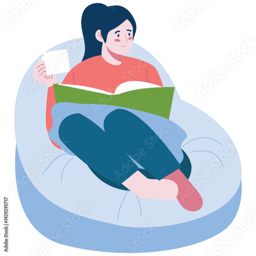 Self Care Illustration. Vector illustration of A woman comfortably reading a book while sitting on a bean bag chair, enjoying a peaceful self-care moment. Isolated on background