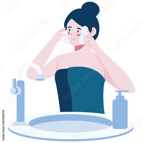 Woman gently washing her face at the sink as part of a skincare routine.