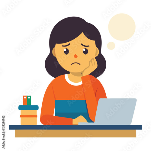 Bored woman sitting at desk. Tired sad office worker. Procrastination, burnout and boredom concept. Depressed upset exhausted lazy student. Flat vector illustration isolated on white background