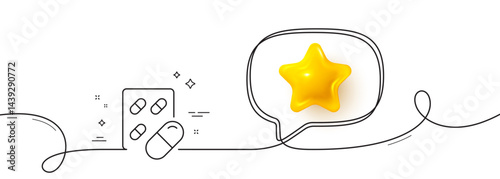 Capsule pill line icon. Continuous line with 3d star. Medical drugs sign. Pharmacy medication symbol. 3d star in speech bubble. Capsule pill single line ribbon. Loop curve pattern. Vector