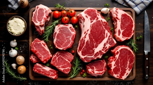 Variety of Premium Cuts of Beef Steaks, Fresh Meat