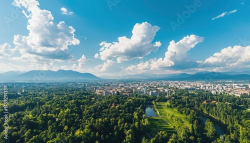 Cityscape view of a European city with a park and a river