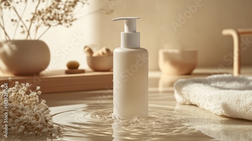 A modern facial cleanser bottle, half-soaked in water, surrounded by calming, neutral-toned decor
