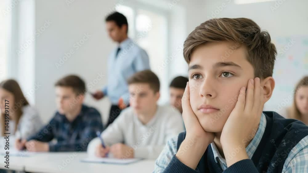 Schoolboy staring blankly ahead in classroom with thoughtful expression
Schoolboy staring blankly ahead in classroom with thoughtful expression