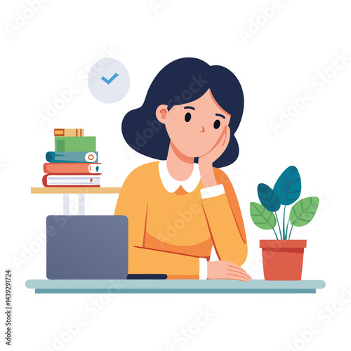 Bored woman sitting at desk. Tired sad office worker. Procrastination, burnout and boredom concept. Depressed upset exhausted lazy student. Flat vector illustration isolated on white background