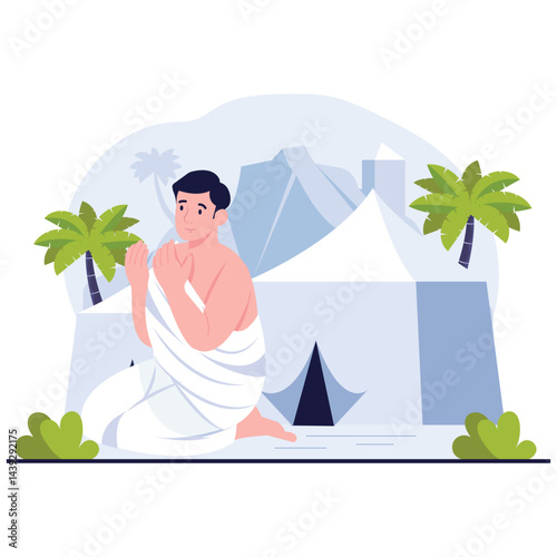 Hajj and Umrah Mubarok Illustration. Vector illustration of Muslim man praying near tents at Mina during Hajj pilgrimage. Isolated on background