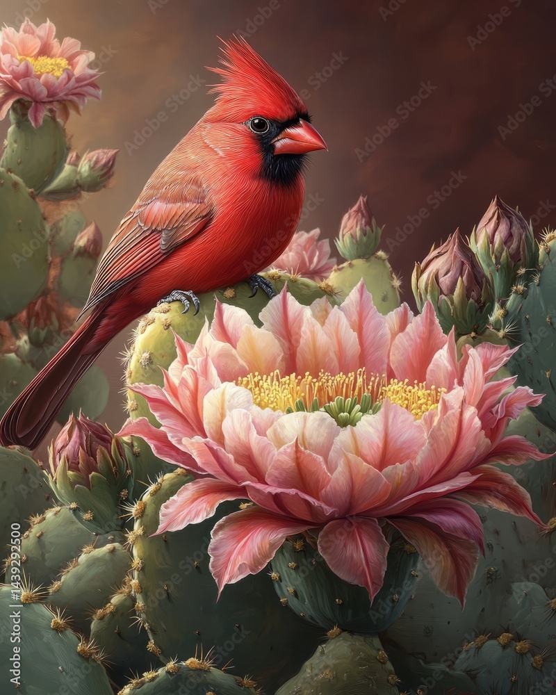 Detailed illustration: bird on cactus