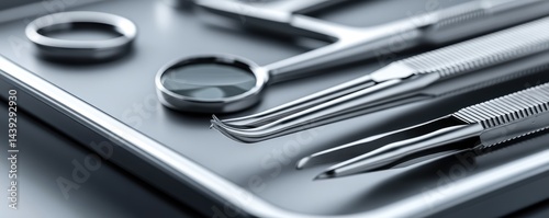 A variety of medical instruments neatly arranged on a tray - setting practice scissors
