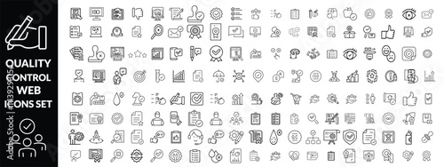 Quality control set of web icons in line style. quality check computing icons for web and mobile app. containing inspection, evaluation, production, quality assurance, certificate, testing and more