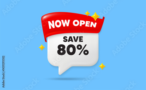 Discount chat speech bubble. Now open flag ribbon. Save 80 percent off tag. Sale Discount offer price sign. Special offer symbol. 3d sparkle stars speech bubble. Vector