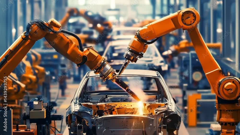 Industrial robots perform welding in a vibrant automotive assembly line during daytime Industrial robots perform welding in a vibrant automotive assembly line during daytime