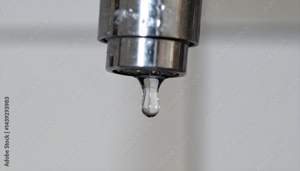 Close-up image of a dripping faucet head with frozen water droplet mid-air, sharp focus Close-up image of a dripping faucet head with frozen water droplet mid-air, sharp focus