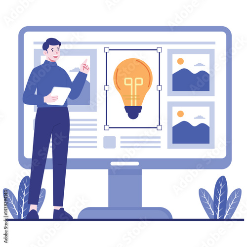 A creative professional presenting a big light bulb idea on a large digital workspace screen.