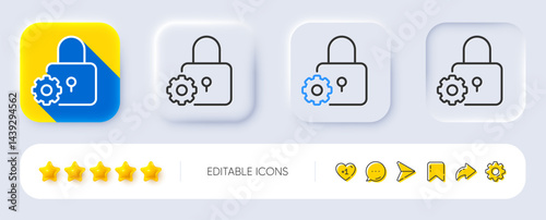 Lock line icon. Neumorphic, Flat shadow, 3d buttons. Padlock cogwheel sign. Security settings symbol. Line lock icon. Social media icons. Vector