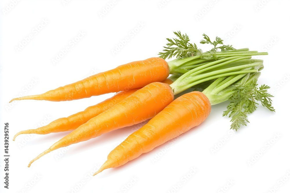 Fresh, vibrant carrots with green tops arranged on a white background, ideal for food photography Fresh, vibrant carrots with green tops arranged on a white background, ideal for food photography