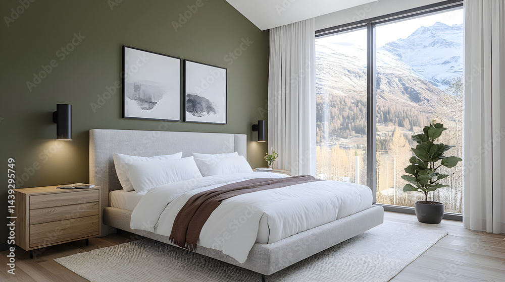 Modern bedroom featuring a king-size bed with white linen sheets, light gray upholstered headboard, walnut nightstands, black industrial sconces, a textured wool rug in cream color, sage green accent Modern bedroom featuring a king-size bed with white linen sheets, light gray upholstered headboard, walnut nightstands, black industrial sconces, a textured wool rug in cream color, sage green accent