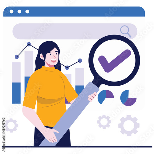 Data Analytics Illustration. Vector illustration of A woman using a magnifying glass to closely examine analytics charts and performance graphs. Isolated on background