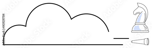Cloud outline with chess knight and telescope symbolizing strategic thinking, vision, and planning. Ideal for strategy, foresight, cloud technology, innovation, leadership planning focus. Flat