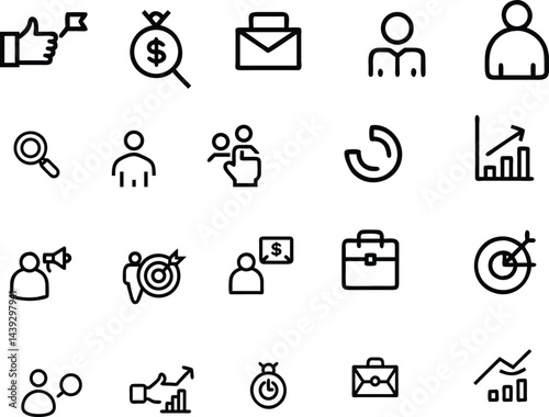 Success set of web icons in line style. Successful business development linear icon collection. Containing achievement, successful, strategy, winner, teamwork, goal, brainstorm. Editable stroke