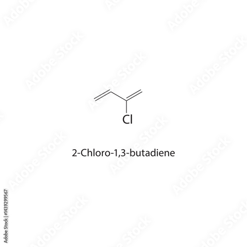 2-Chloro-1,3-butadiene skeletal structure. Chlorinated Diene compound schematic illustration. Simple diagram, chemical formula.