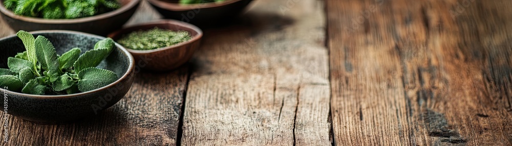 Fresh herbs in small bowls on a rustic wooden surface Fresh herbs in small bowls on a rustic wooden surface