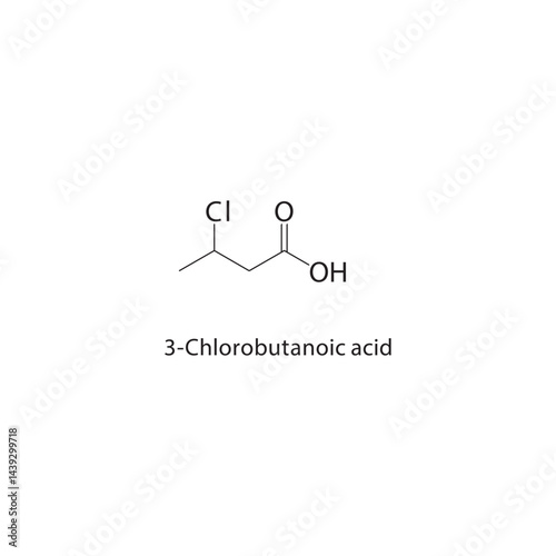 3-Chlorobutanoic acid skeletal structure. Chlorinated Carboxylic Acid compound schematic illustration. Simple diagram, chemical formula.