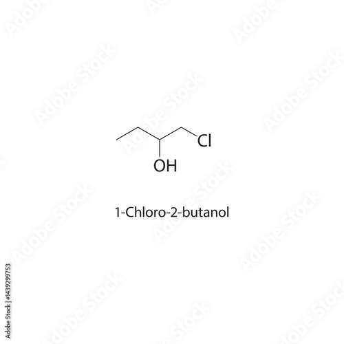 1-Chloro-2-butanol skeletal structure. Chlorinated Alcohol compound schematic illustration. Simple diagram, chemical formula.