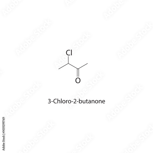 3-Chloro-2-butanone skeletal structure. Chlorinated Ketone compound schematic illustration. Simple diagram, chemical formula.