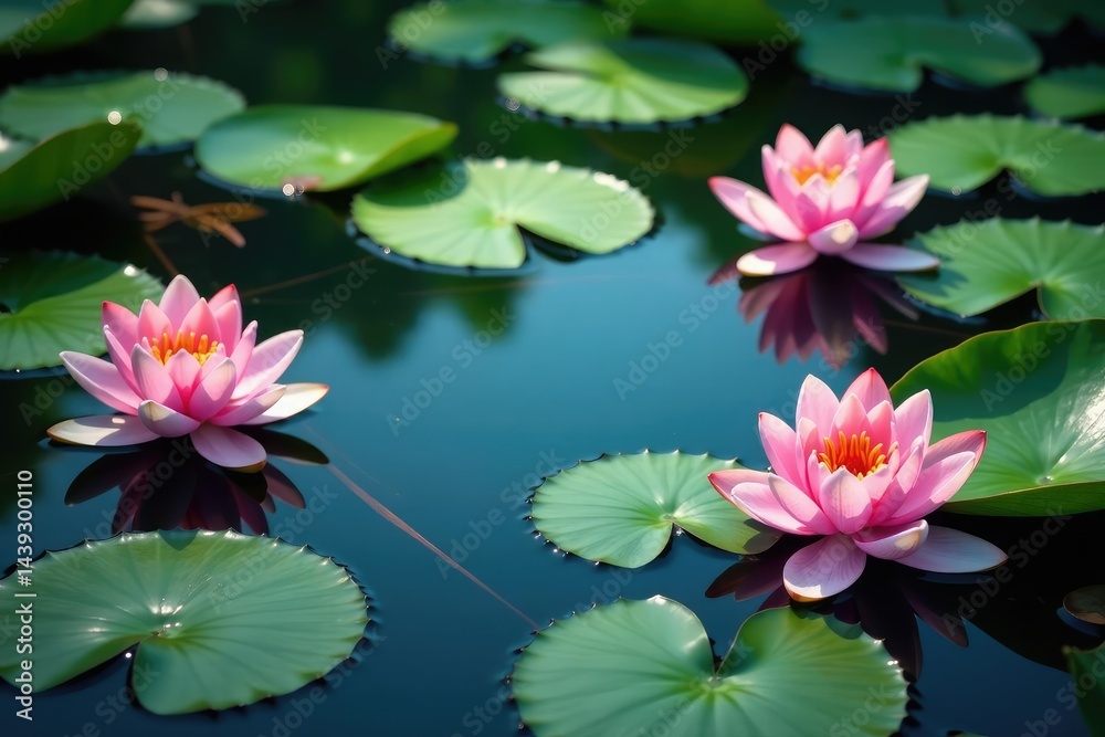 Intricate water lilies & lotus blossoms form a lake pattern , green, peaceful, bloom Intricate water lilies & lotus blossoms form a lake pattern , green, peaceful, bloom
