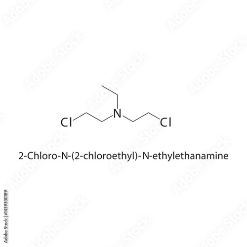 2-Chloro-N-(2-chloroethyl)-N-ethylethanamine skeletal structure. Chlorinated Amine compound schematic illustration. Simple diagram, chemical formula.