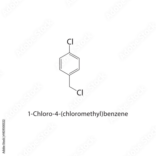 1-Chloro-4-(chloromethyl)benzene skeletal structure. Chlorinated Aromatic Hydrocarbon compound schematic illustration. Simple diagram, chemical formula.