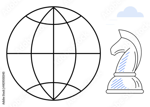Globe outline next to a chess knight under a small cloud, symbolizing worldwide strategy, planning, and decision-making. Ideal for global business, leadership, competition, foresight, vision