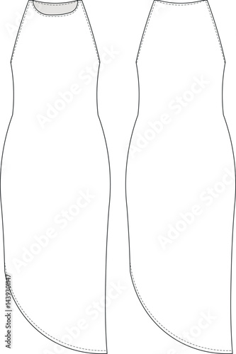 round neck haltter neck sleeveless bodycon asymmetric hem sport elastic fit midi long maxi dress template technical drawing flat sketch cad mockup fashion woman design style model 
