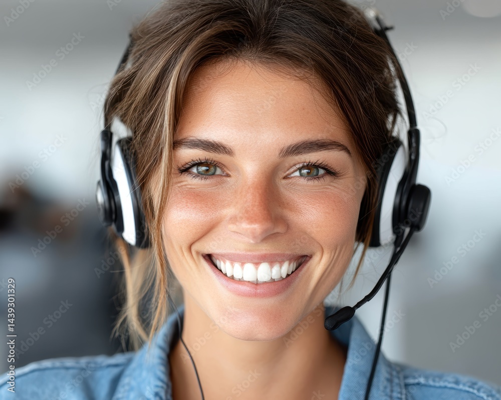 Bright office, headset, smiling agent, helpful support, tech assistance - Expertise Helpful Call Brightness