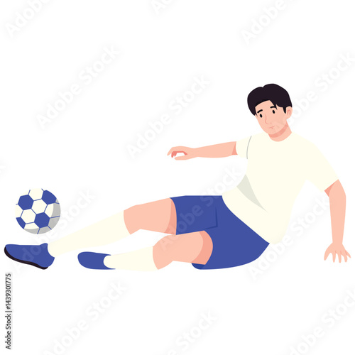 Football Pose Illustration. Vector illustration of A soccer player sits on the field beside the ball, taking a break or reflecting. Isolated on background