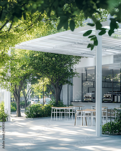 open air coffee shop modern white minimal structure sunny morning fresh greenery