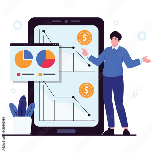 Economic Analysis Illustration. Vector illustration of A businessman explains a financial downturn with charts and dollar icons on a large tablet screen. Isolated on background
